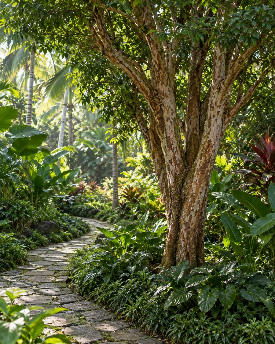 Illustrative view of a mature tropical tree and garden path